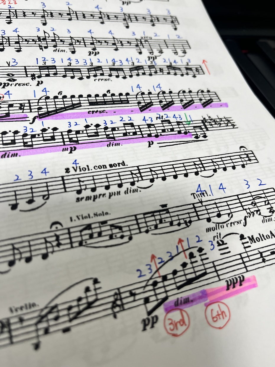 ヴァイオリンの楽譜に指使い書き込みます アマオケやグループレッスンでの演奏をサポート！ イメージ1