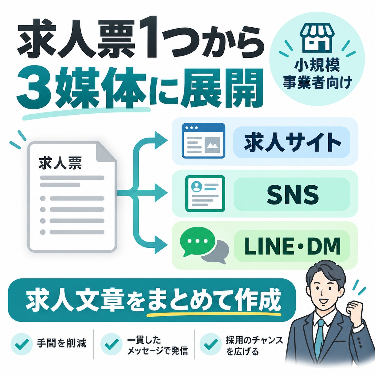求人原稿を媒体別に3種類へ整えます 求人票1つでIndeed・SNS・LINE用まで作成 イメージ1