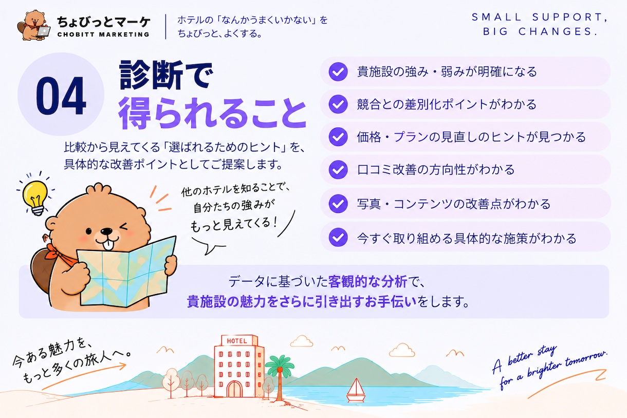 ホテル・宿泊施設の競合を比較・分析します 他のホテルと何が違う？競合比較で強みと改善点を発見 イメージ4
