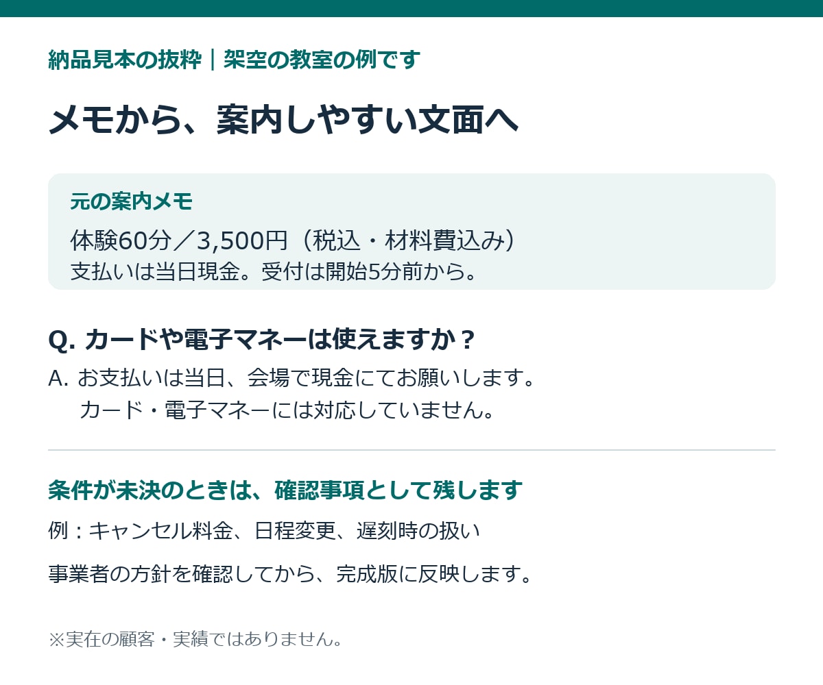 教室・お店のFAQと問い合わせ返信文を整えます 確認済みの資料からFAQ10問と返信文5本を作成 イメージ2