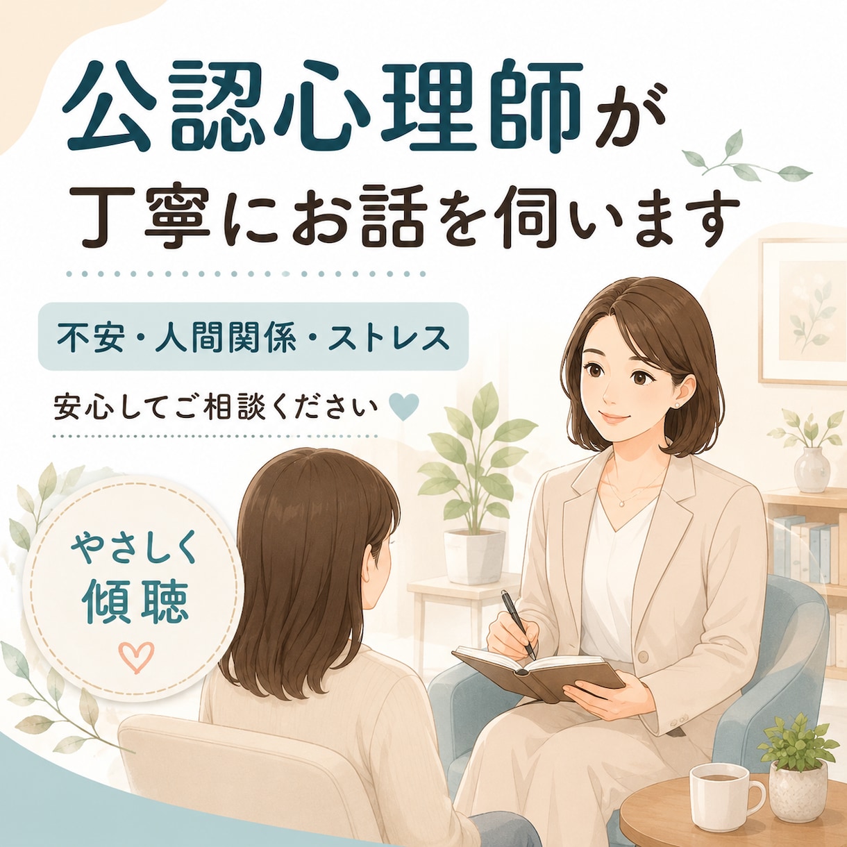 公認心理師が丁寧にお話を伺います 不安・落ち込み・人間関係・仕事のストレスを一緒に整理します イメージ1