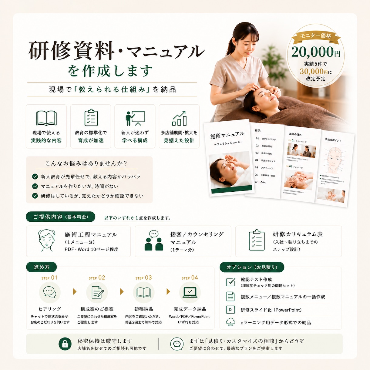 サロン・治療院の研修マニュアルを作成します 現役サロン教育責任者が”現場で本当に育つ”教材を作ります イメージ1