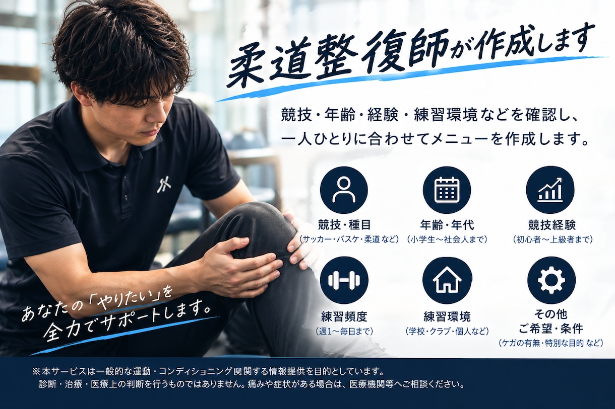 競技別の練習前10分メニューを作ります 柔道整復師があなたの競技に合わせて作成 イメージ4
