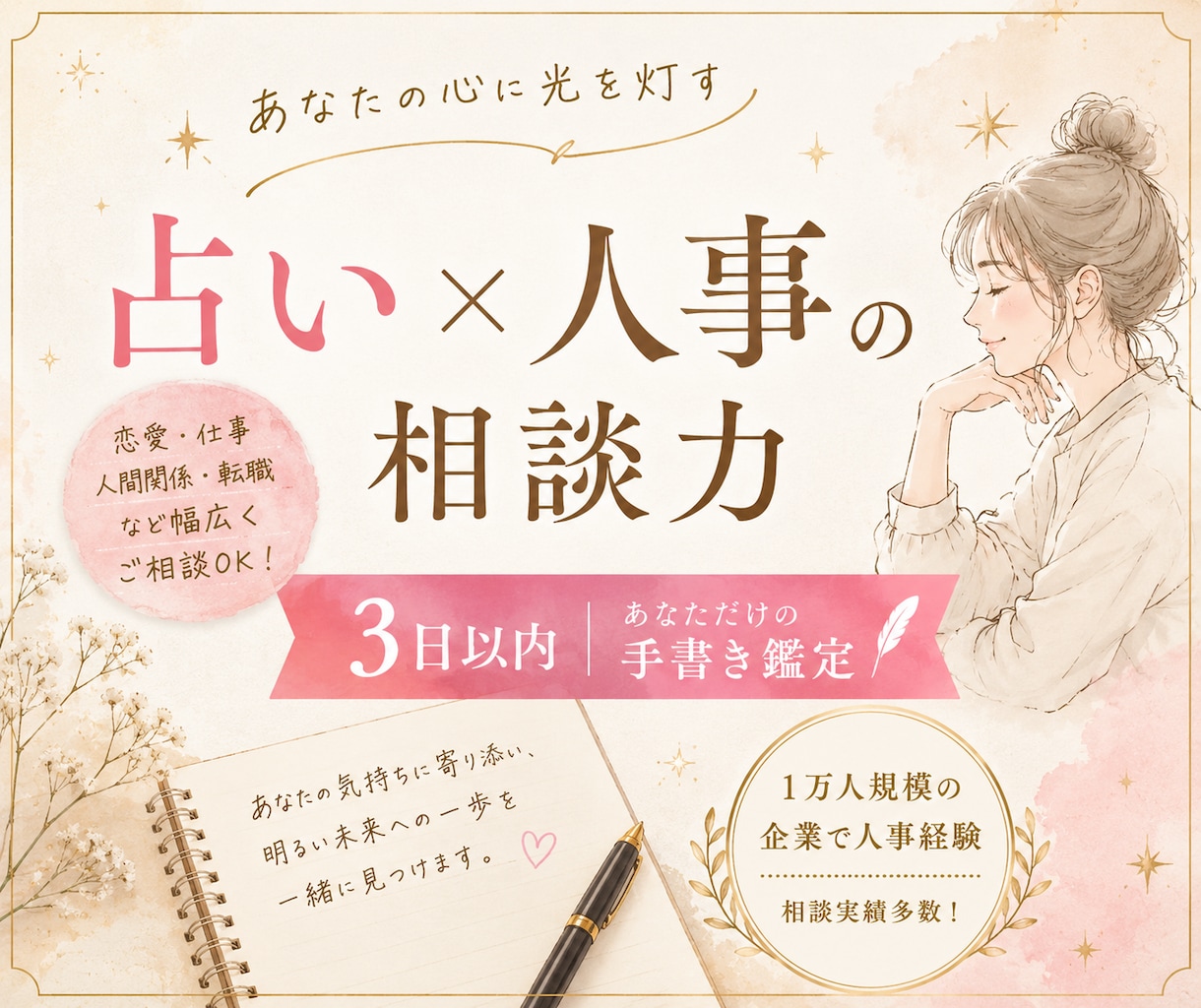 占い×人事経験であなたの悩みに寄りそいます 3日以内にあなただけの手書き鑑定をお届けします。 イメージ1