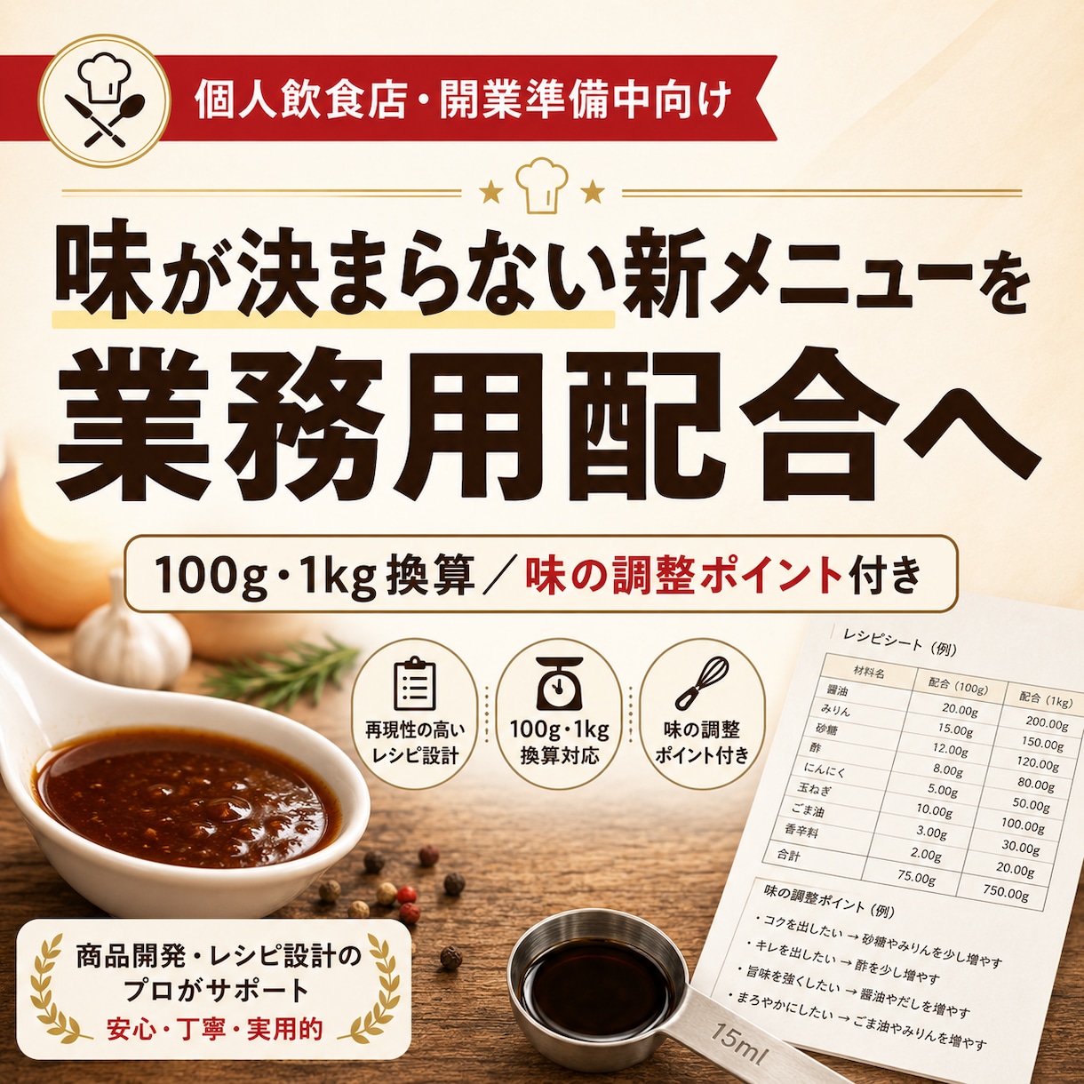 味が決まらない新メニューを業務用配合に仕上げます 100g・1kg換算の配合表を相談つきで提案します イメージ1