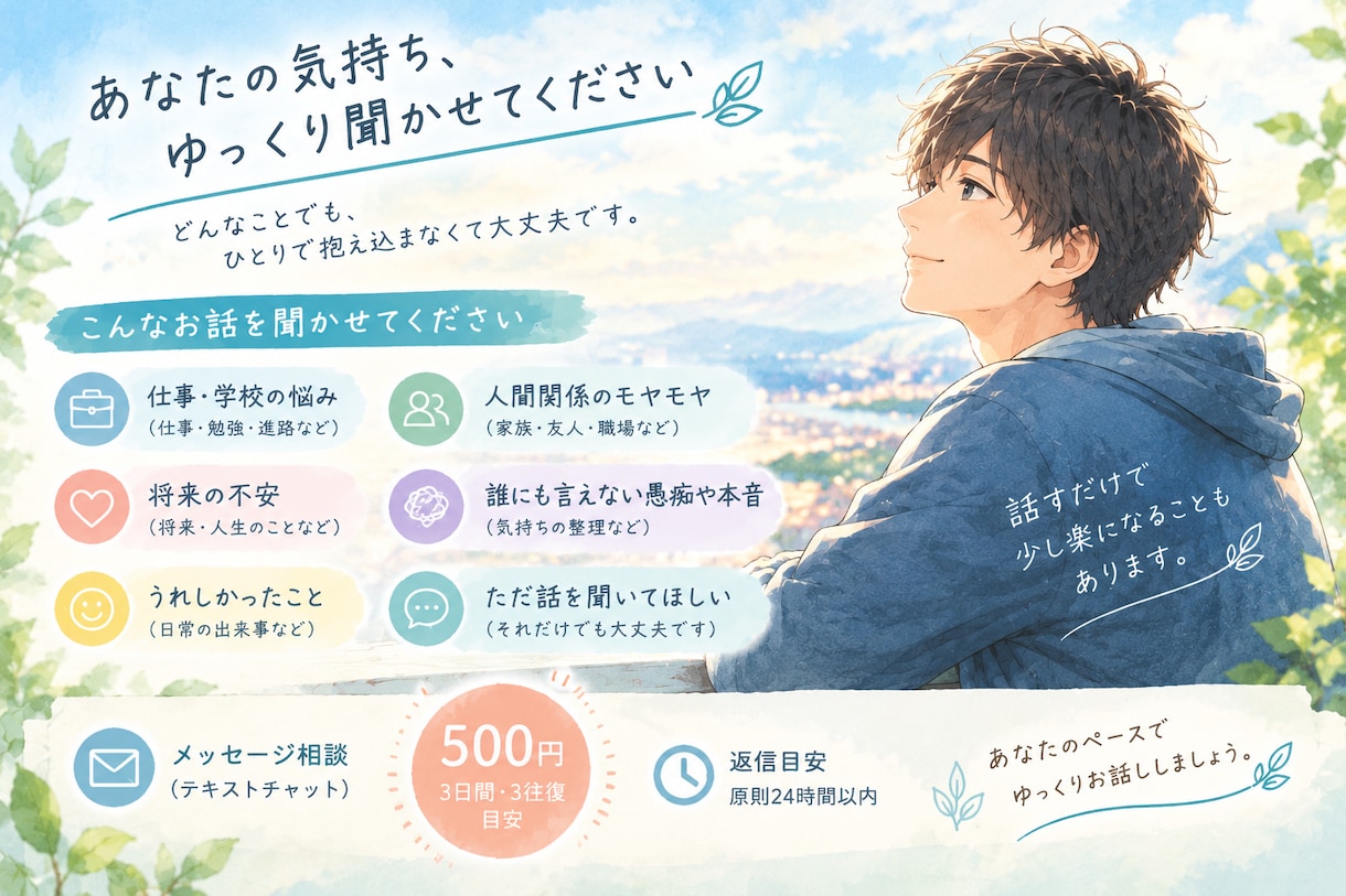 一人で抱え込まないで。気持ちの整理をお手伝いします ありのままの気持ちを聞かせてください。 イメージ2