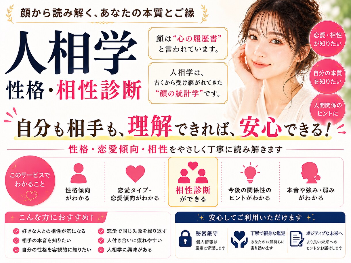 人相学による性格・相性を診断いたします あなたやお相手の性格傾向・相性を丁寧に読み解きます イメージ1
