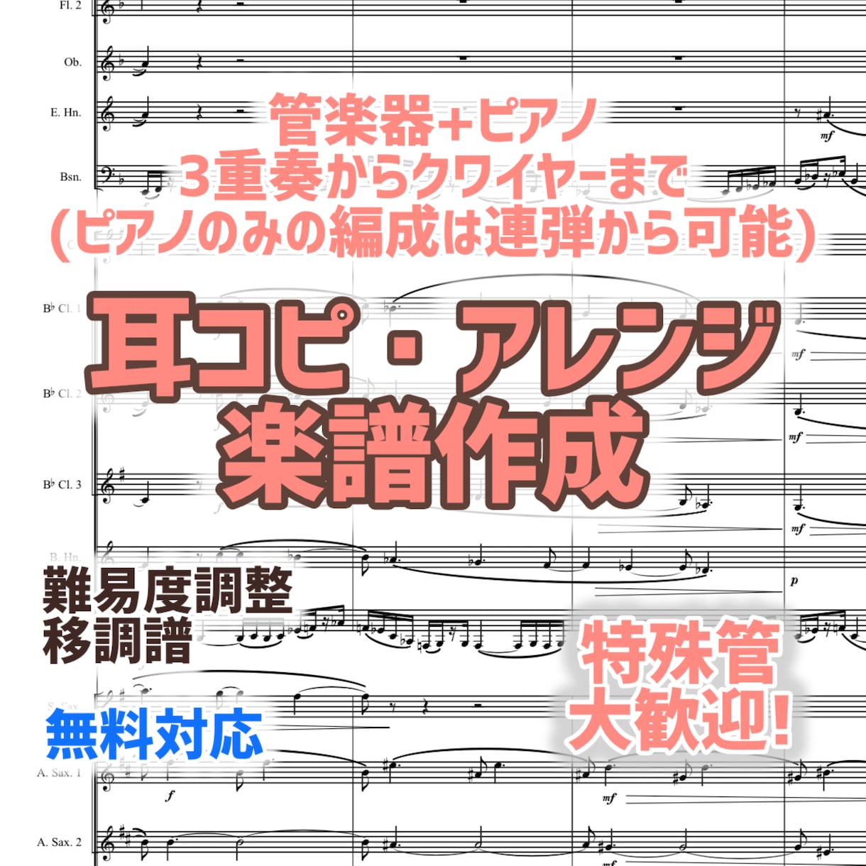 お好きな曲を管楽器＋ピアノまたは連弾の楽譜にします 特殊管大歓迎！作曲首席卒が制作 イメージ1