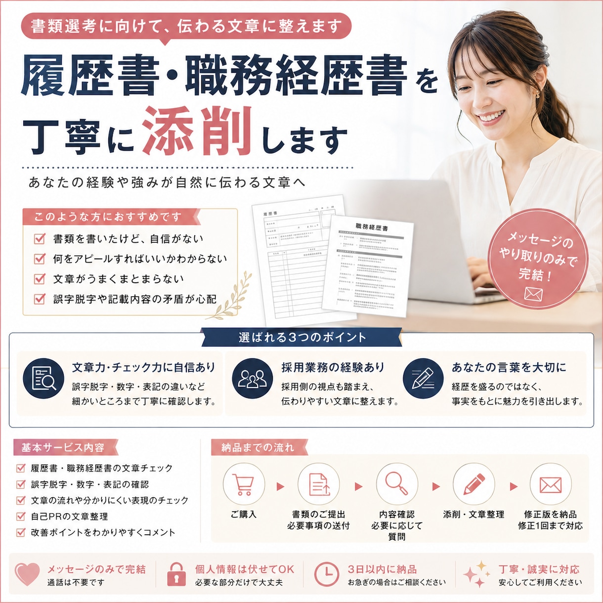 履歴書・職務経歴書をブラッシュアップします あなたの経験を盛らずに、素直に、伝わる文章へ整えます。 イメージ1