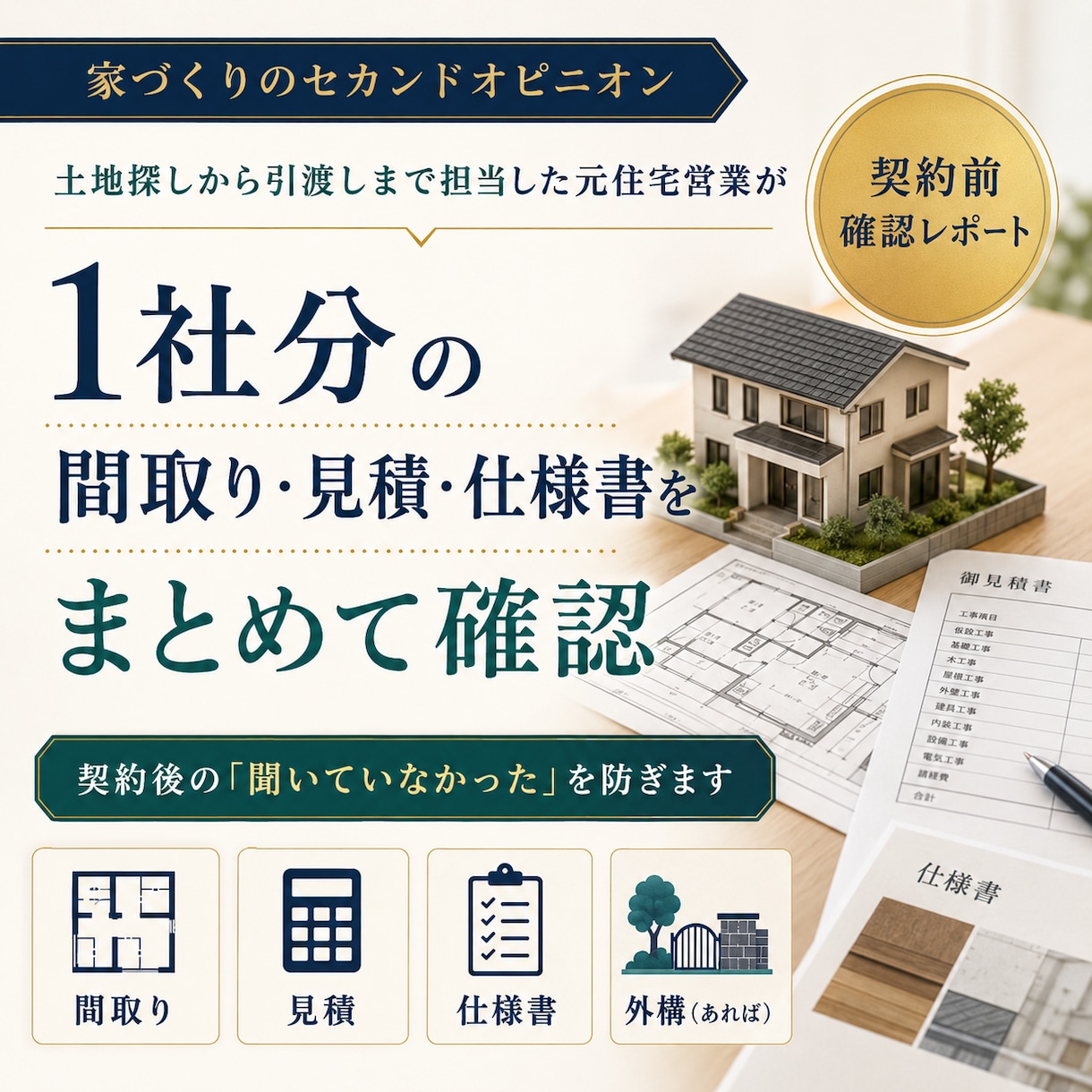 契約前の見積・間取りを元住宅営業が整理します 1社分の資料を照合し、契約前確認レポートを作成します イメージ1
