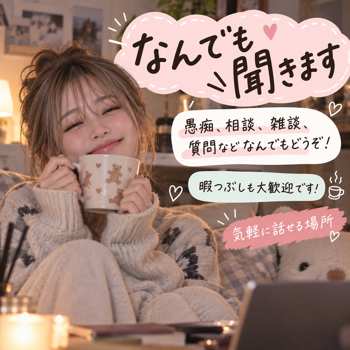 どんな話でも！現役女子大生が受け止めます 恋愛、仕事、愚痴、人間関係…どんな話でも受け止めます！ イメージ2