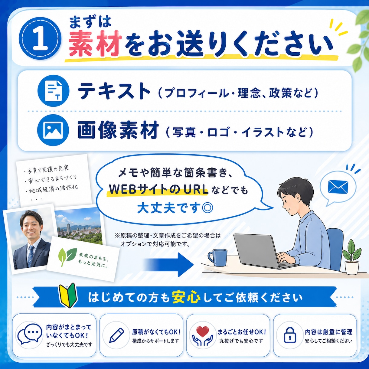 政治活動用のチラシを制作します 何も決まってない段階でもお気軽にご相談ください！ イメージ2