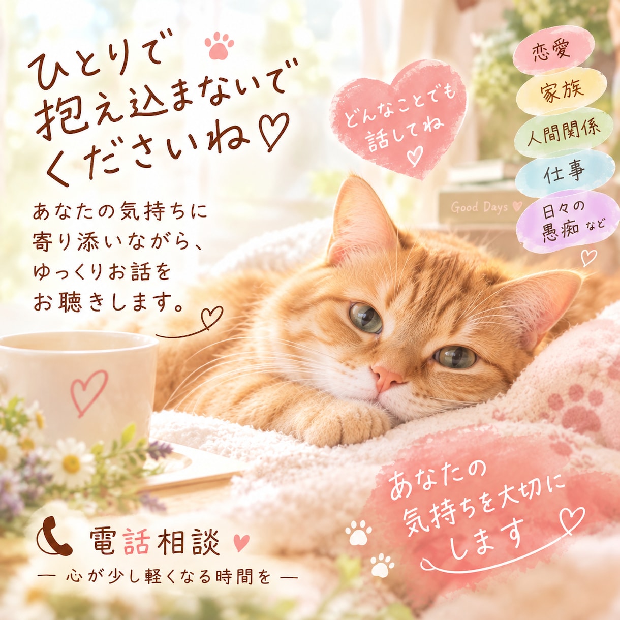 悩みも愚痴も丁寧に優しくじっくりお聴きします 話すだけで心が少し軽くなる、安心の時間をお届けします イメージ1
