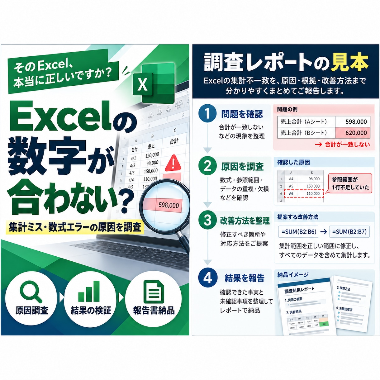 Excelの計算・集計ミスの原因を調査します 原因・根拠・改善方法を分かりやすく報告 イメージ1