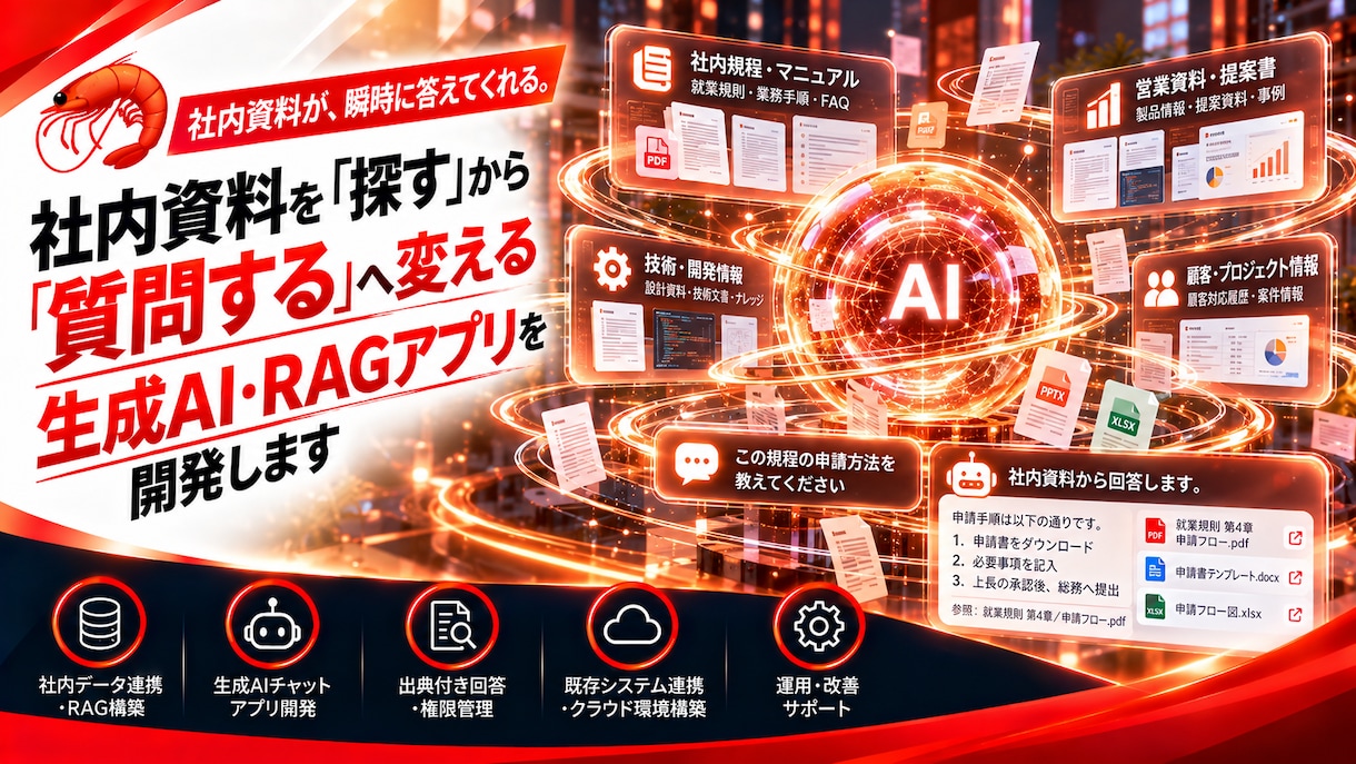 社内資料に質問できる生成AI・RAGを作りますます PDFや社内マニュアルを検索し、出典付きで回答 イメージ1