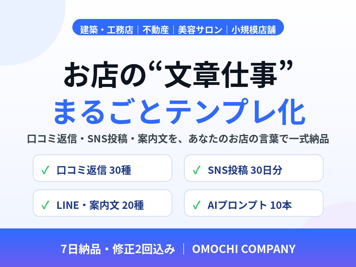 お店の文章仕事をまるごとテンプレ化します 口コミ返信・SNS・案内文を、貴店の言葉で一式納品 イメージ1