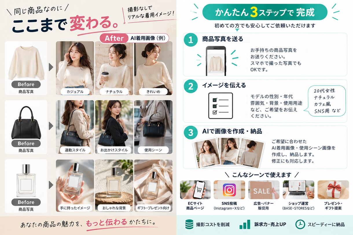 商品写真からAI着用画像を作成します 撮影なしでEC・SNS向けの商品画像を作れます イメージ3