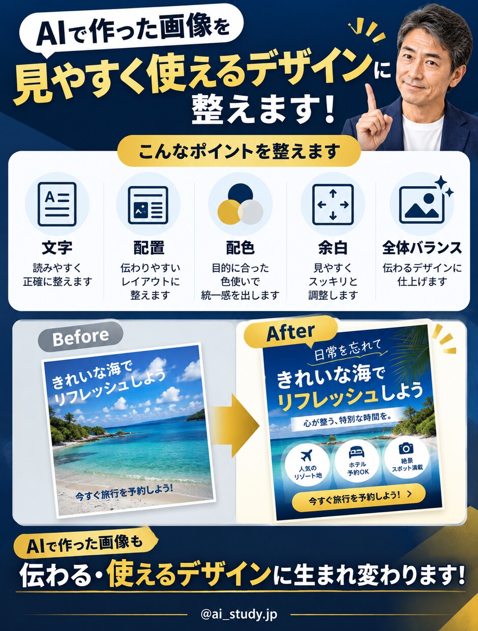 AI画像を伝わる・使えるデザインに整えます 文字崩れ・見づらさを整えSNSやチラシに活かせます イメージ3