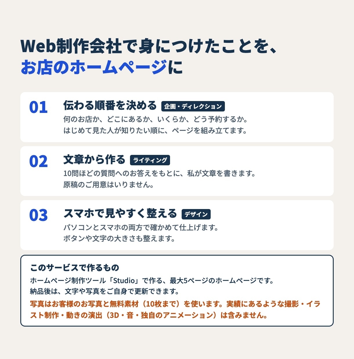 文章作成込み｜お店のホームページを5ページ作ります 問い合わせフォーム込み・更新の説明書つき・維持費も事前説明 イメージ5