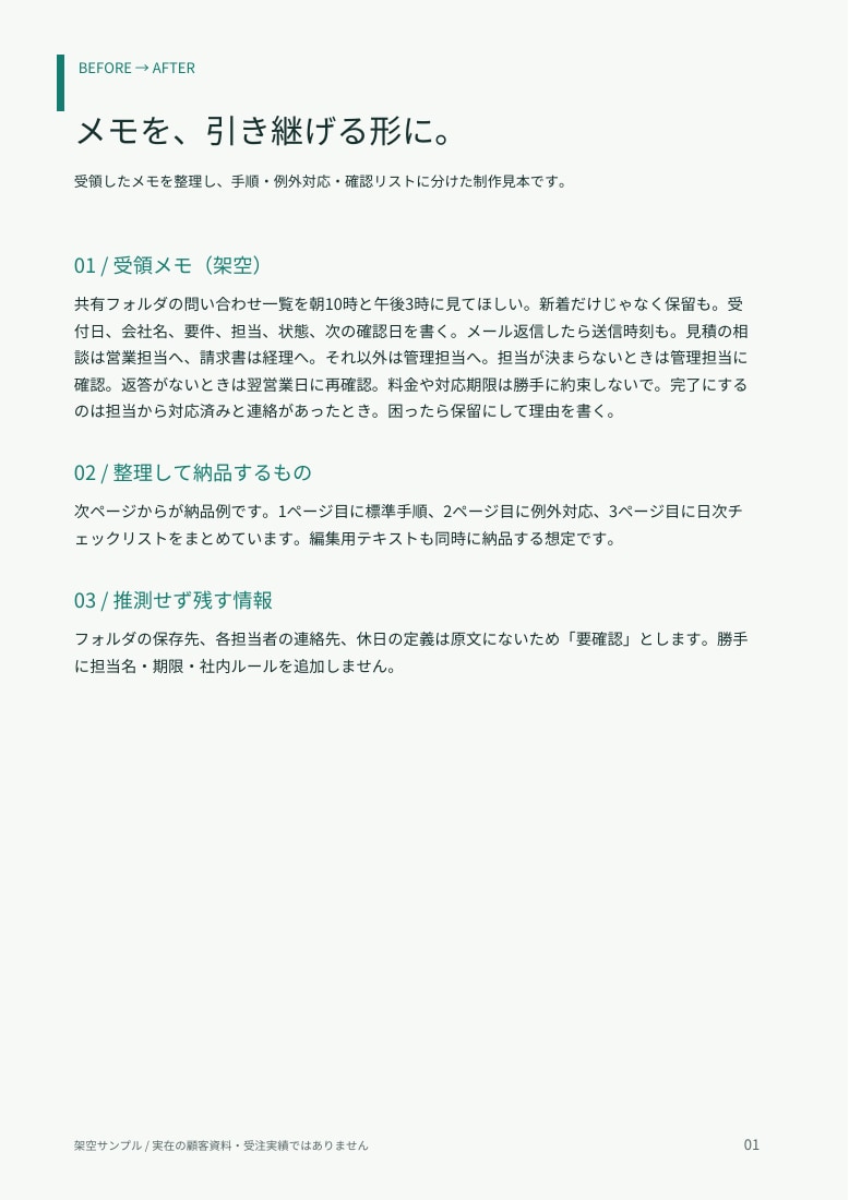 業務メモを引継ぎ手順書に整えますます 箇条書きから手順書・チェックリストまで、まとめて作成 イメージ1