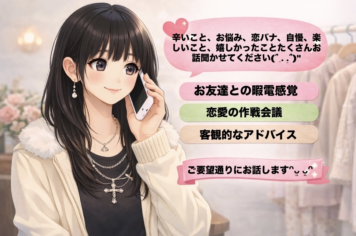 人間関係、恋愛、暇電などお悩みに全力で寄り添います 恋愛相談・雑談OK♪あなたのお話たくさんお聞かせください♪ イメージ1
