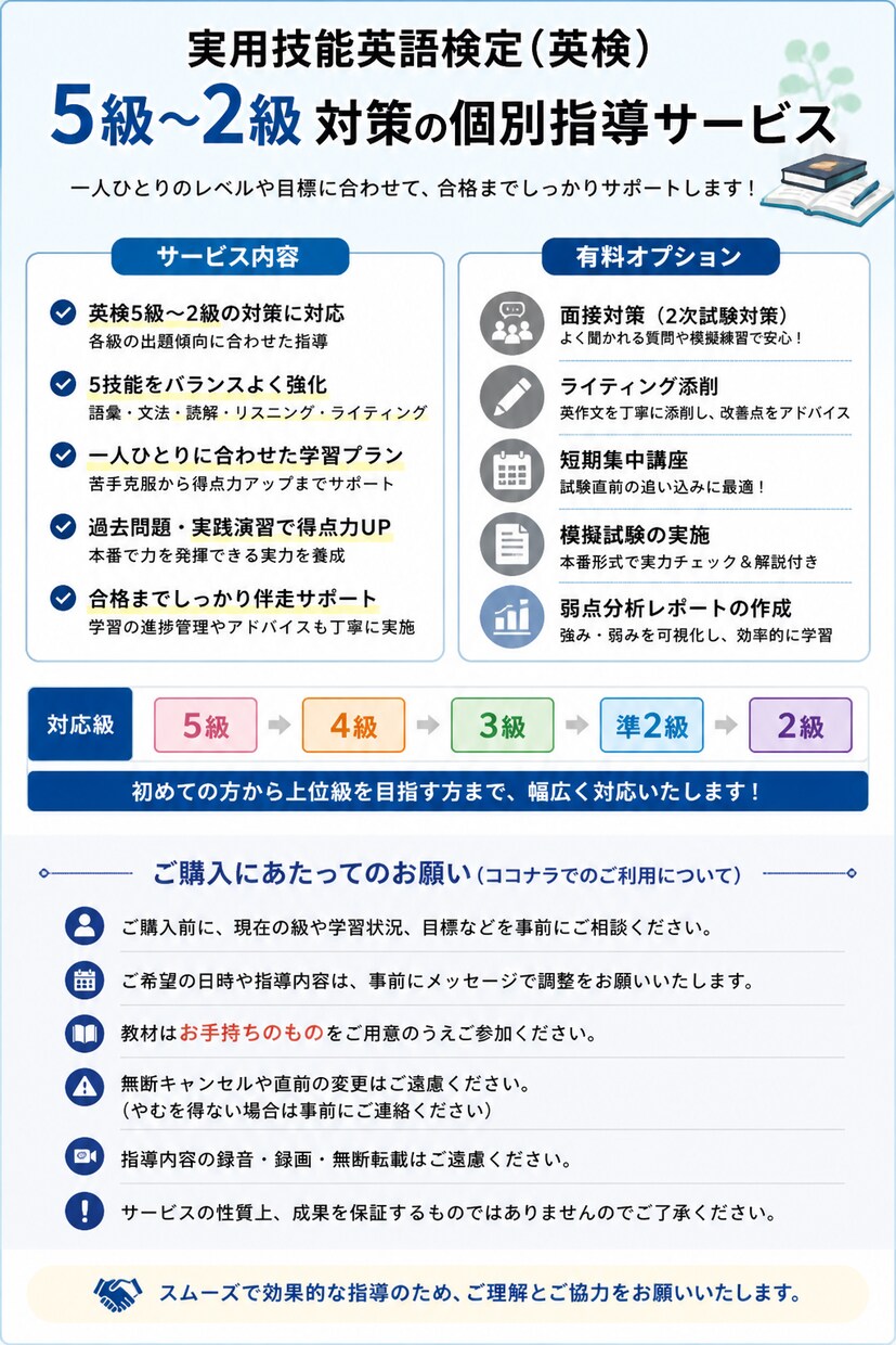 実用技能英語検定5〜2級までの指導を承ります 現役塾講師が英検5〜2級対策を丁寧に指導します！ イメージ1