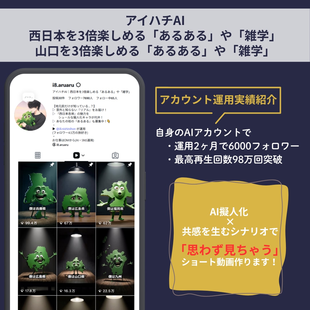 AI擬人化×ショート動画制作・運用代行します 【初回3500円】最高98万再生のプロがバズるAI動画を作成 イメージ2