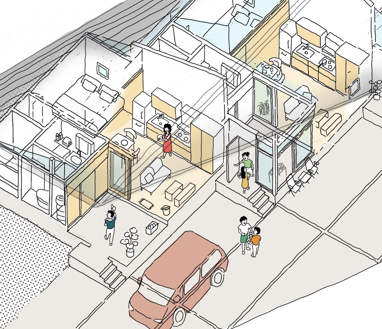 柔らかい印象の鳥瞰図、アクソメ図、マップ作成します ご要望お聞きしてあたたかみのある雰囲気に仕上げます イメージ2