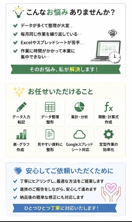 Excel・スプレッドシートの面倒な作業の代行ます データ整理・集計・表作成などお任せください。 イメージ2