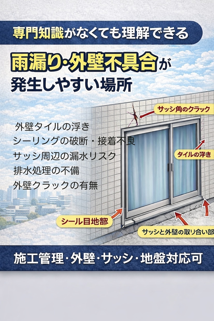 雨漏り、外壁不具合図解|報告書・説明資料作成します サッシ周りの漏水、外壁不具合の原因を整理必要資料の作成 イメージ2