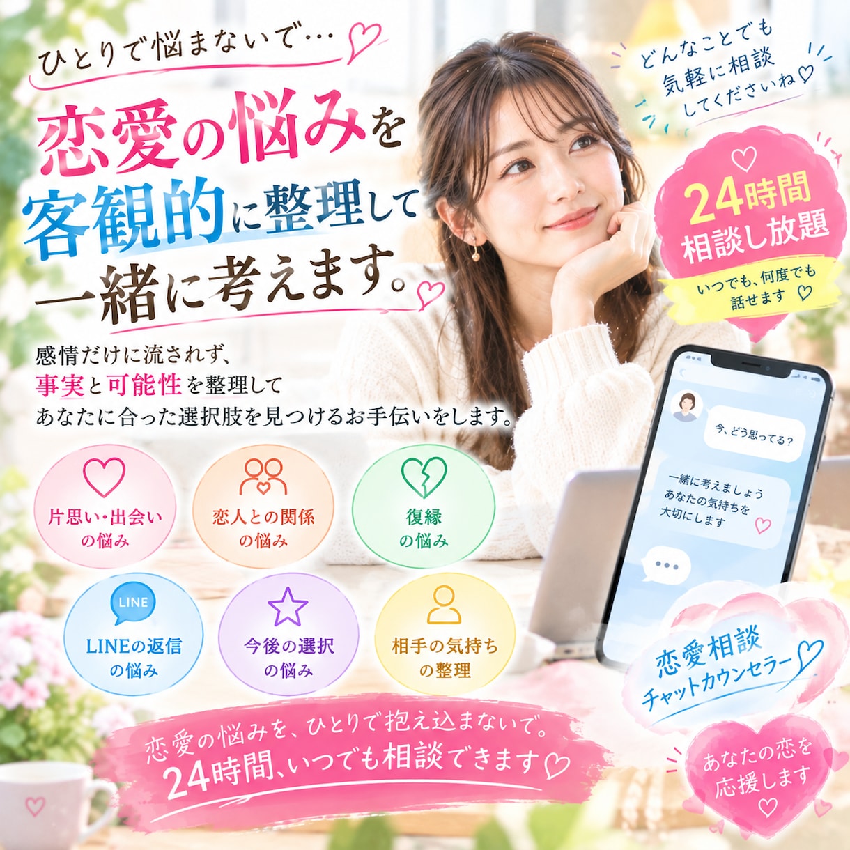 恋愛の悩みを冷静に分析し一緒に考えます 相手の気持ちを決めつけず、恋愛を客観分析します イメージ1