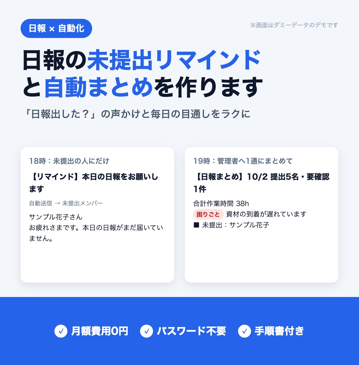 日報の自動まとめ・未提出リマインドを作ります 「日報出した？」の声かけと毎日の目通しをラクに イメージ1