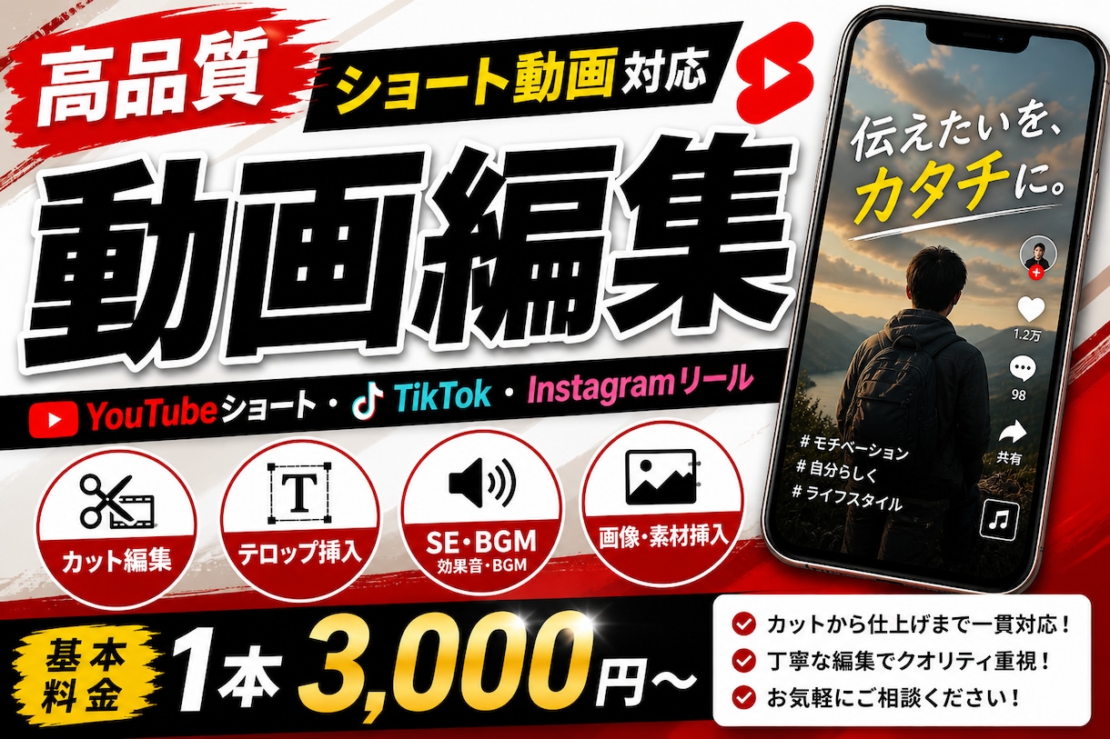 ショート動画編集します｜1本3000円〜ます SNS用ショート動画を丁寧に編集します イメージ1