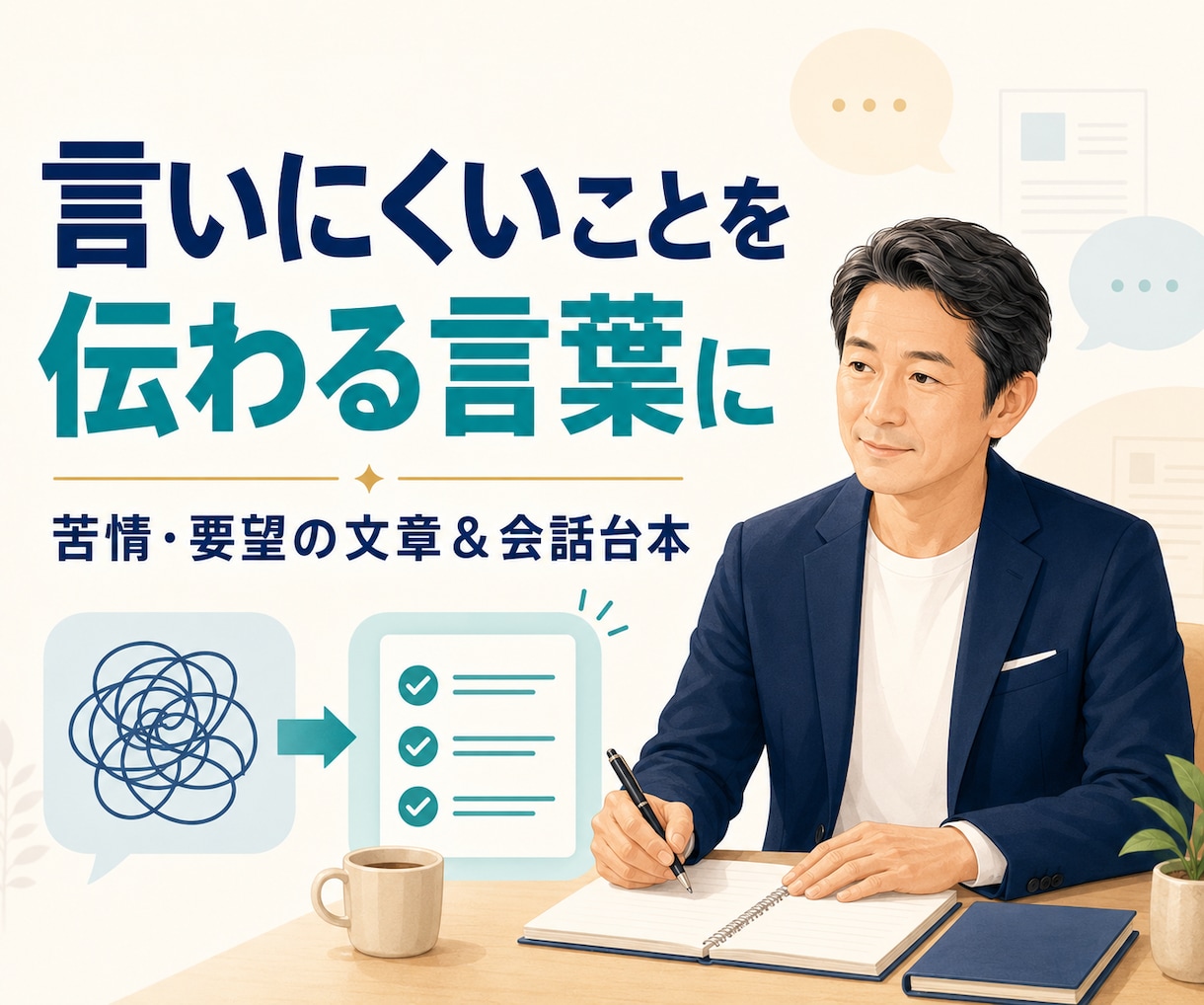 言いにくい苦情・要望を伝える会話台本を作ります 感情的にならず、相手に押し切られない伝え方を一緒に整理します イメージ1