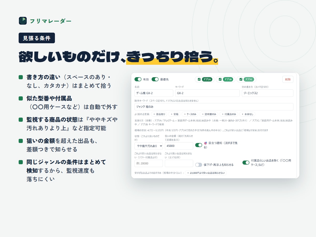 フリマ新着の見張り・通知ツールを提供します 3つのフリマの新着を1画面で。条件に合えばすぐ通知 イメージ3