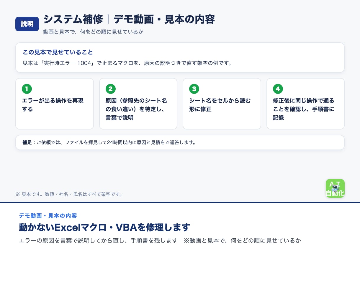 動かないExcelマクロ・VBAを修理します エラーの原因を言葉で説明してから直し、手順書を残します イメージ4