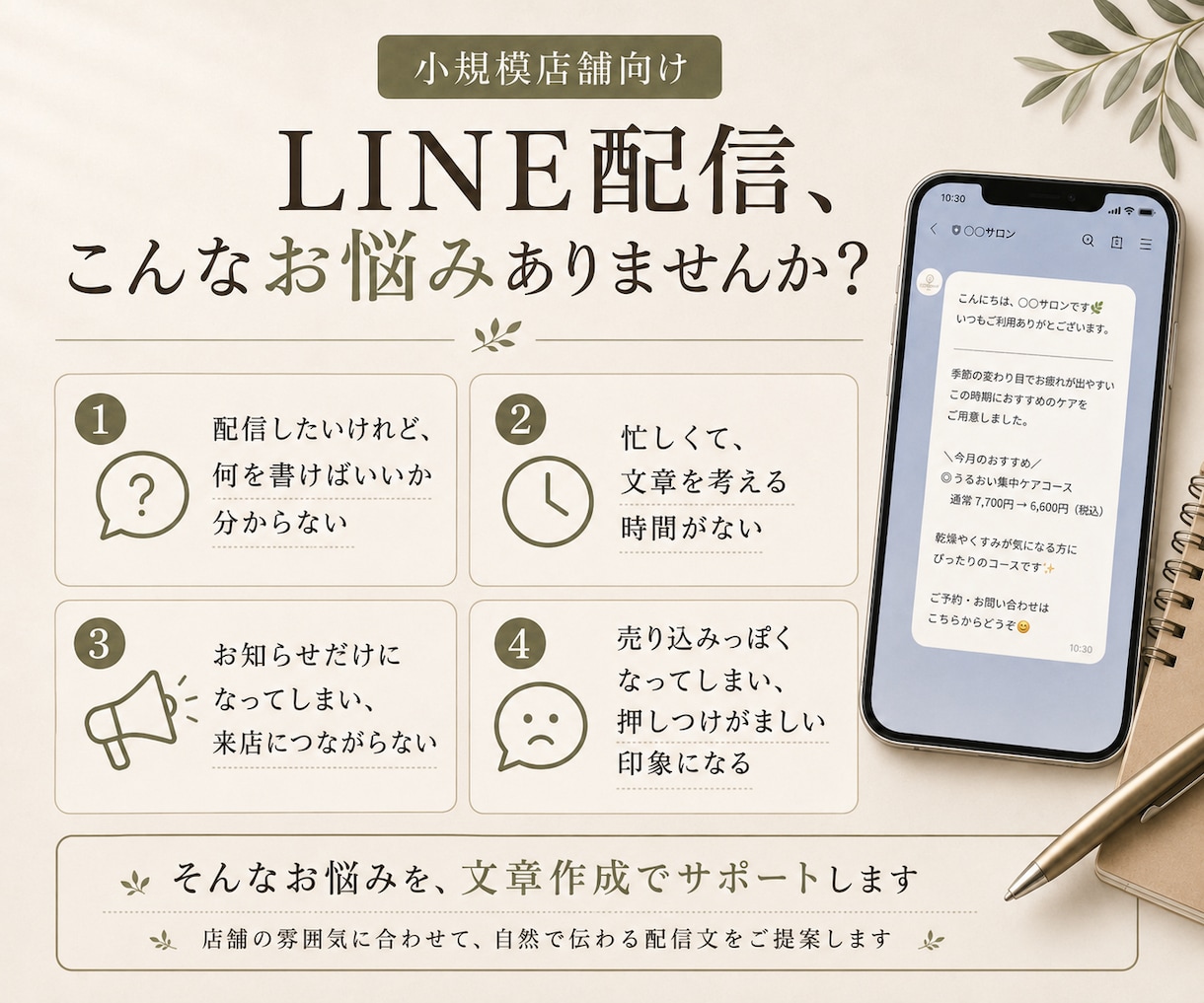 店舗向けLINE配信文を4本作成します キャンペーン・新商品・予約案内をお店らしい文章に イメージ2
