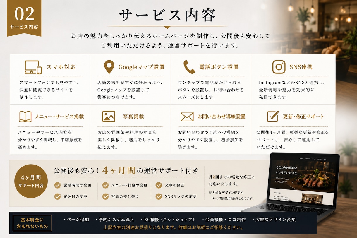 店舗ホームページを4ヶ月間制作・運営サポートします 店舗向けホームページを4ヶ月サポート付きで制作します イメージ2