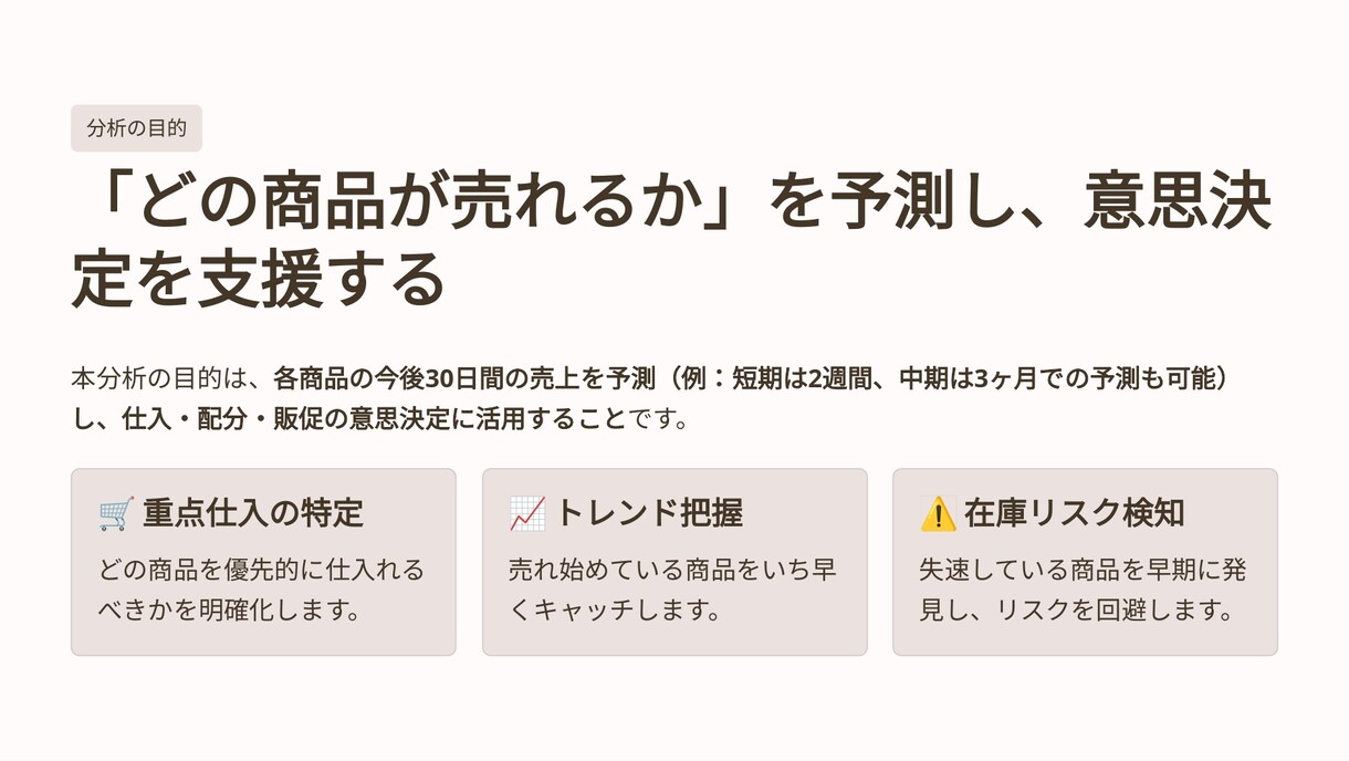 在庫データなしでもOK　短期〜中期の売上予測ます パイソンでなぜ売れるかを可視化し、10日〜3ヶ月まで予測対応 イメージ3