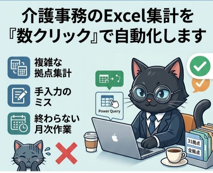 介護事務のExcel集計や転記作業を仕組み化します 現場の「これ自動化できれば…」という願いを、最適解で叶えます イメージ1