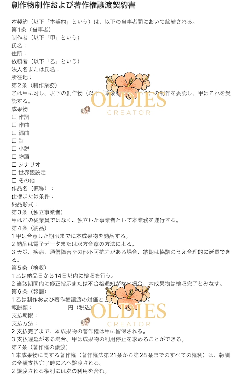創作物制作・著作権譲渡契約書3点セットます 制作契約書＋NDA＋作者非公開合意書テンプレート イメージ1