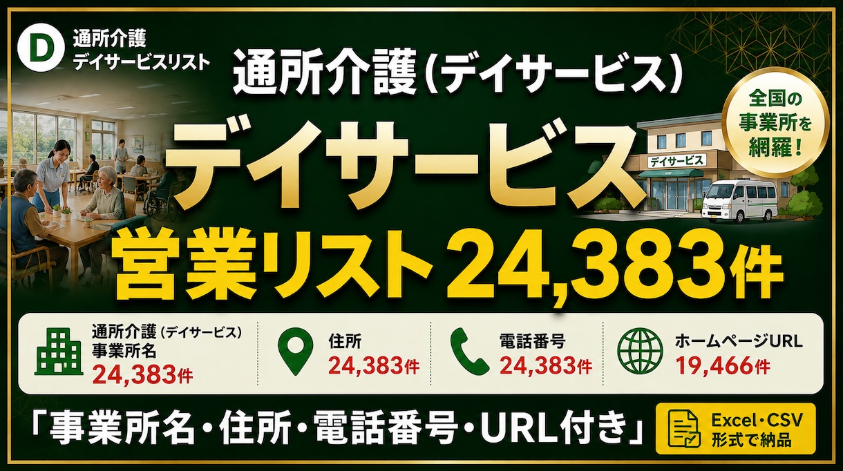 通所介護_デイサービスリスト24383件提供します 住所・電話番号つき全国通所介護【24383件】営業リスト イメージ1