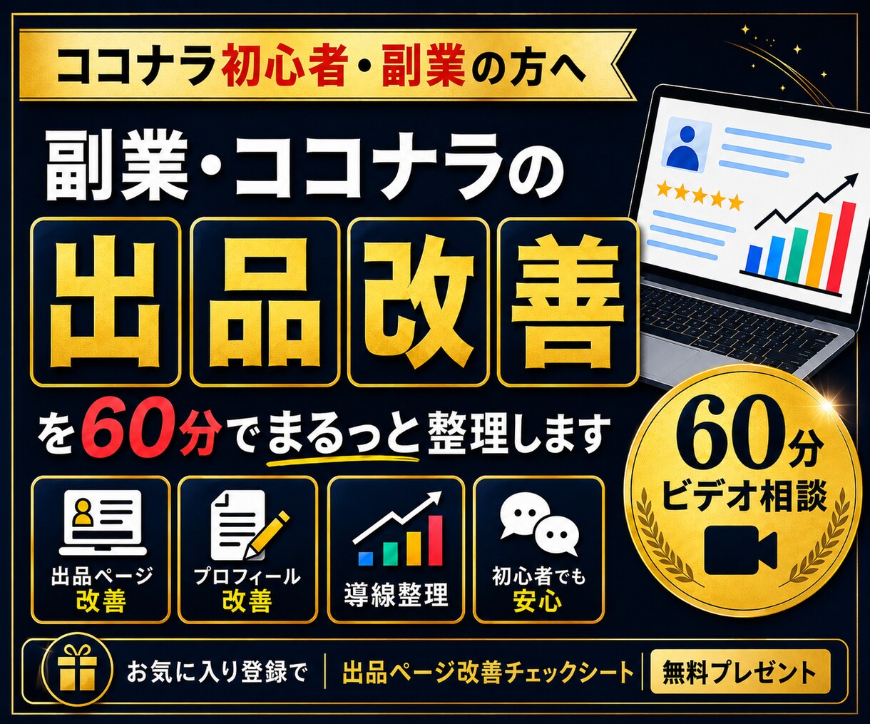 副業・ココナラ出品改善を60分でまるっと整理します ココナラ・副業相談・初心者向け出品ページ改善と導線整理・分析 イメージ1