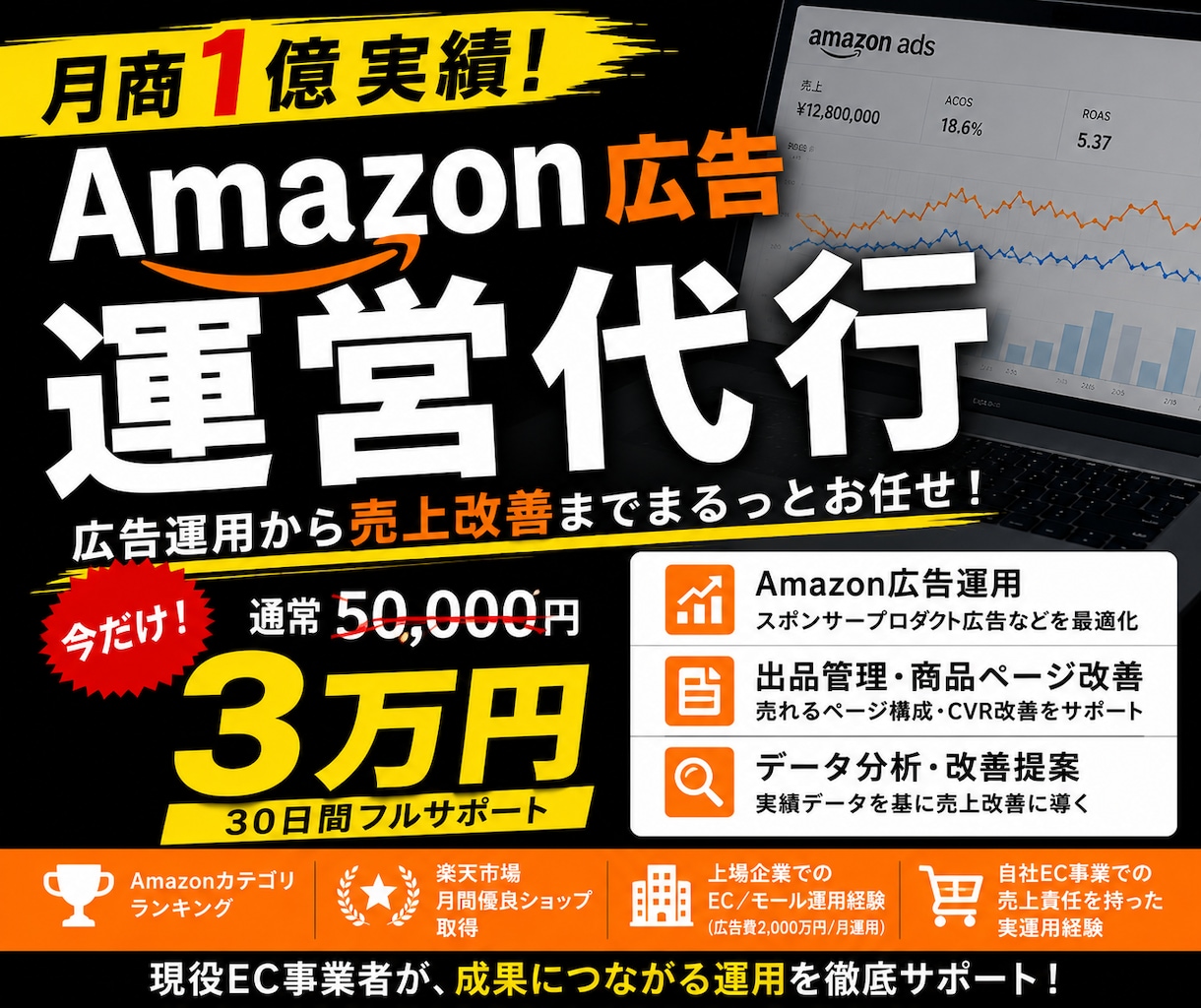 月商1億実績！Amazon広告など運営代行します 【今だけ3万円】現役EC事業者が運営から売上改善まで徹底対応 イメージ1
