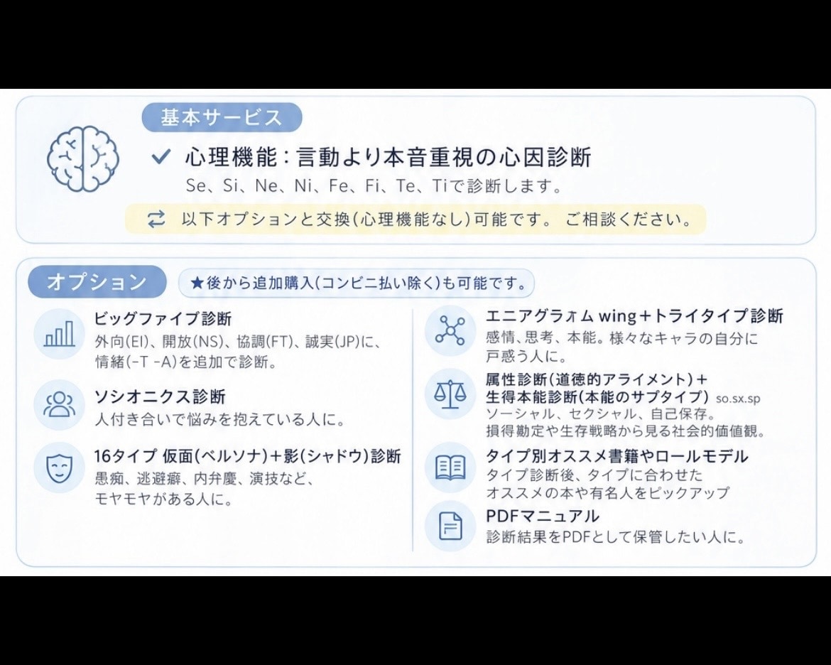 心理機能16タイプ診断いたします エニアグラムやソシオニクスなども対応！ イメージ4