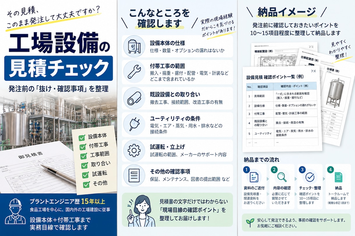 工場設備の見積内容を実務目線でチェックします 15年以上の設備導入経験から、発注前の確認ポイントを整理 イメージ1
