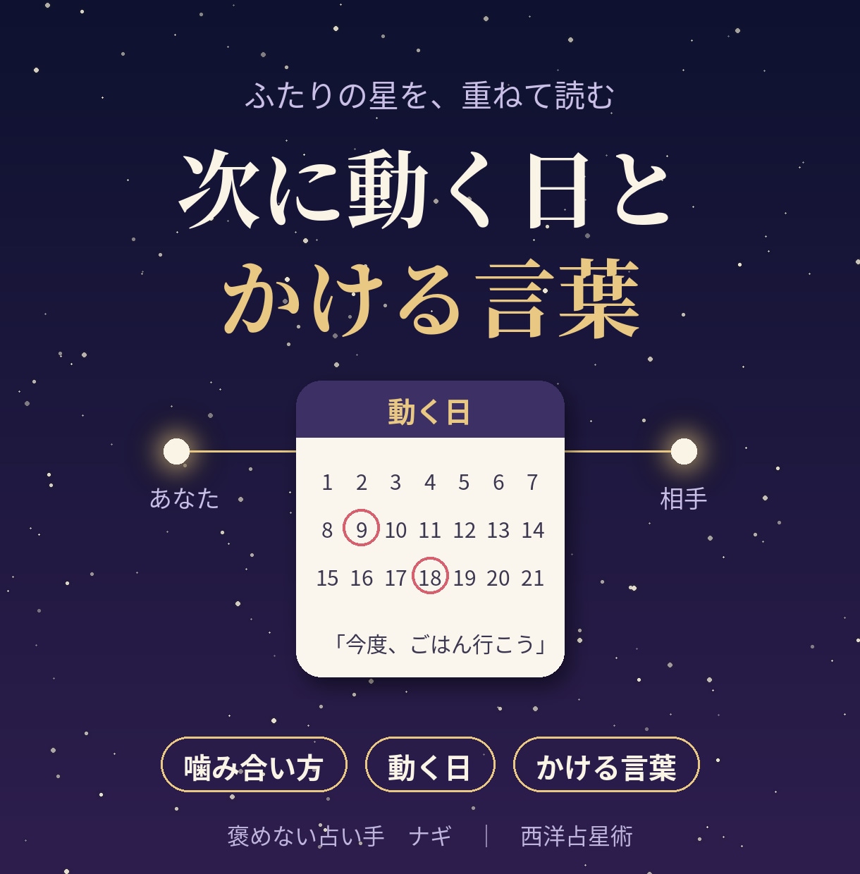 ふたりの星から、次に動く日と言葉を出します 相性を読んで、次に動く日とかける言葉まで決める イメージ1
