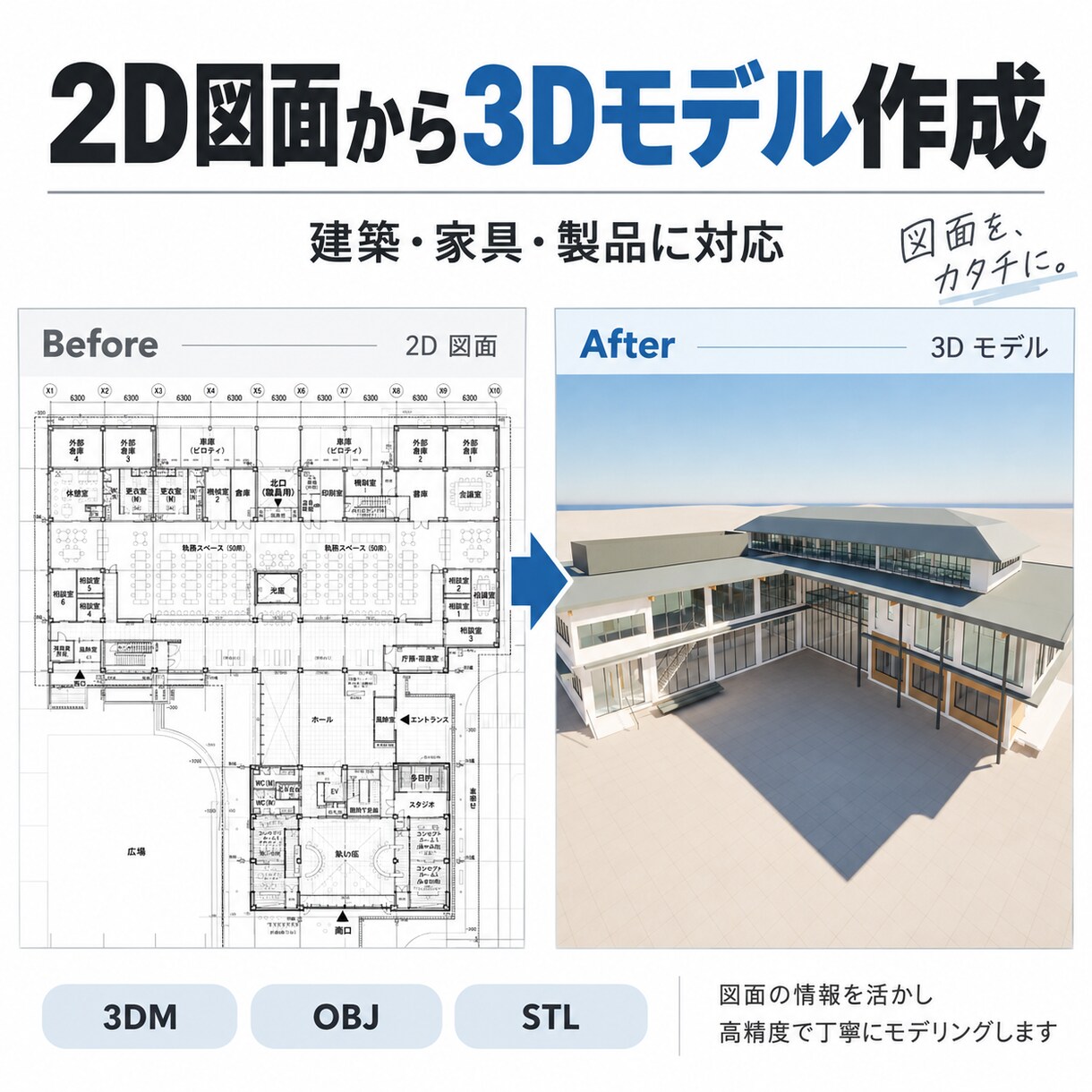 2D図面から3Dモデルを作成します 建築・製品など幅広い3Dモデリングに対応 イメージ1