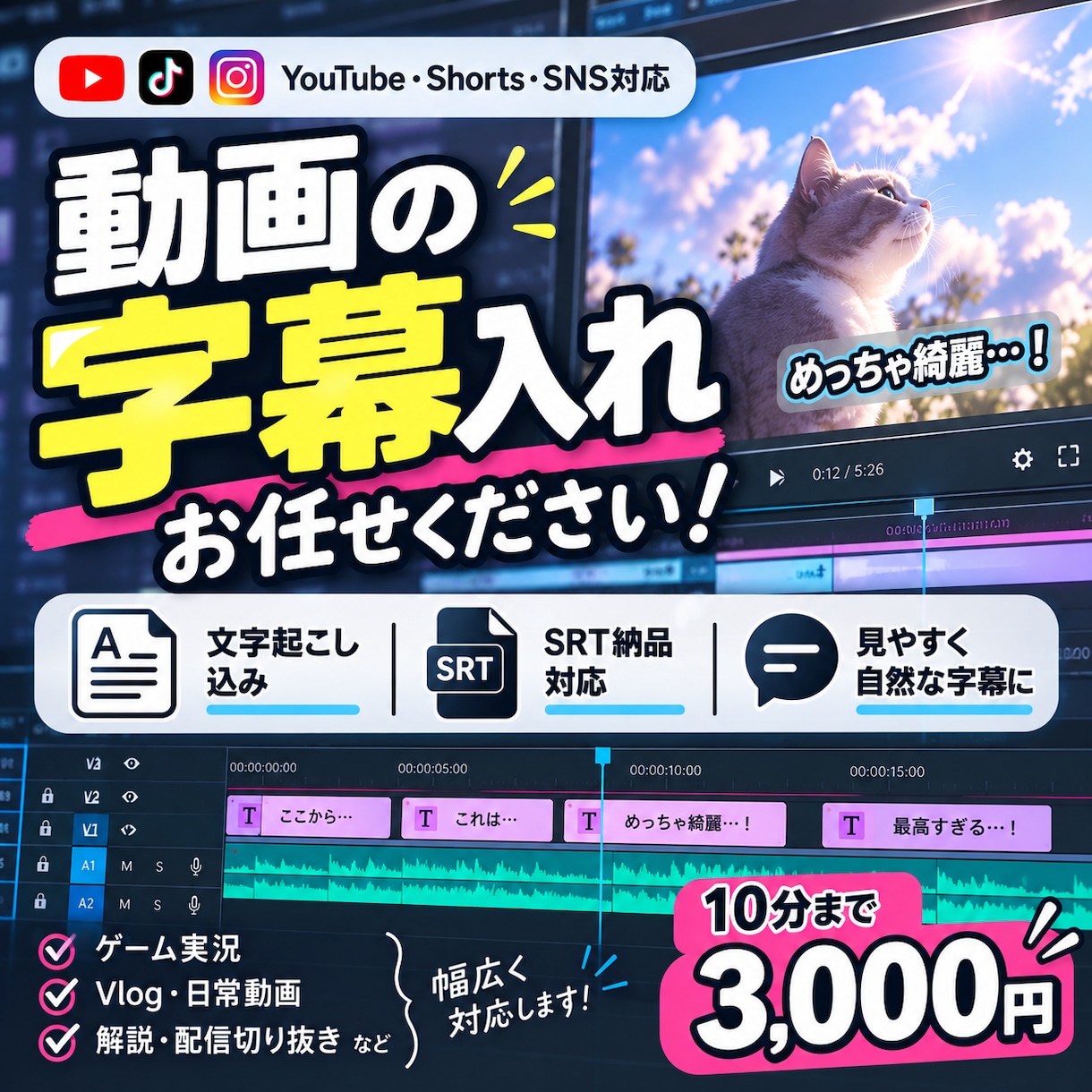 動画に見やすい字幕を入れます 動画に自然になじむ、読みやすい字幕を作成します！ イメージ1