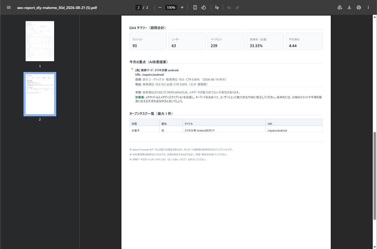 SEO見える化・AI改善画面を作ります ～SC・GA4連携からAI改善・PDFまで～ イメージ7
